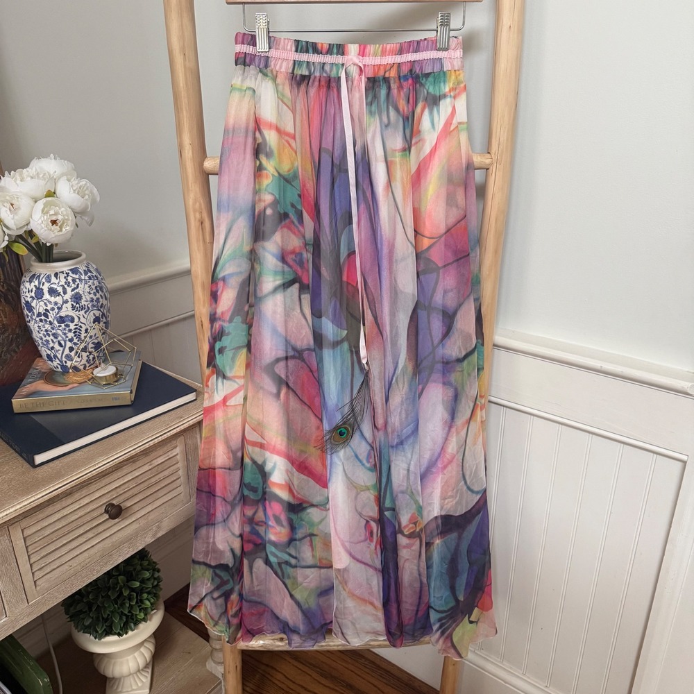 Abstract Watercolor Sheer Maxi Skirt Pink Purple Blue Peacock Feather Boho Skirt